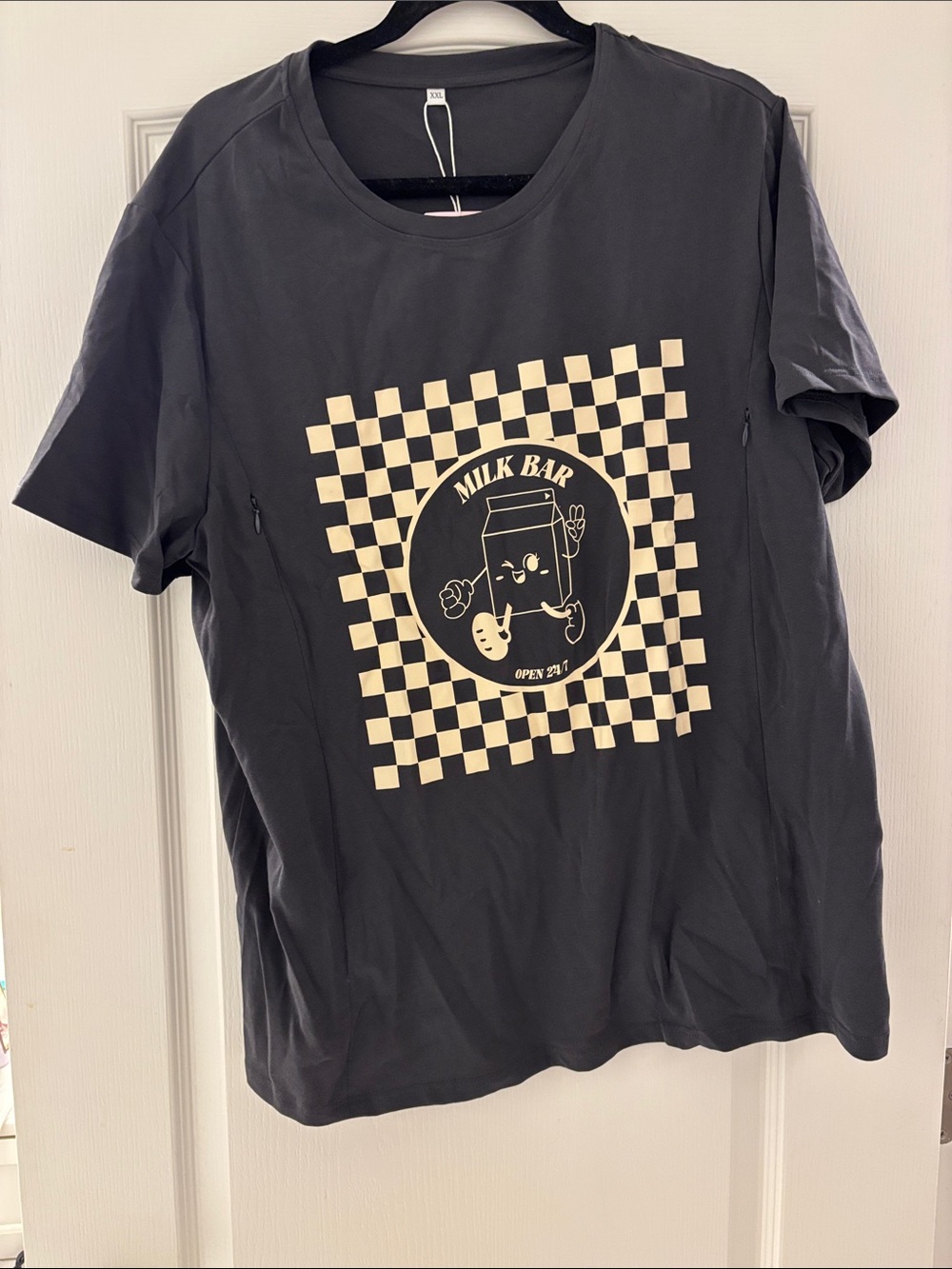 Graphic Checkerboard T-Shirt with 'Milk Bar' Print - Black & Cream - Nursing Tee